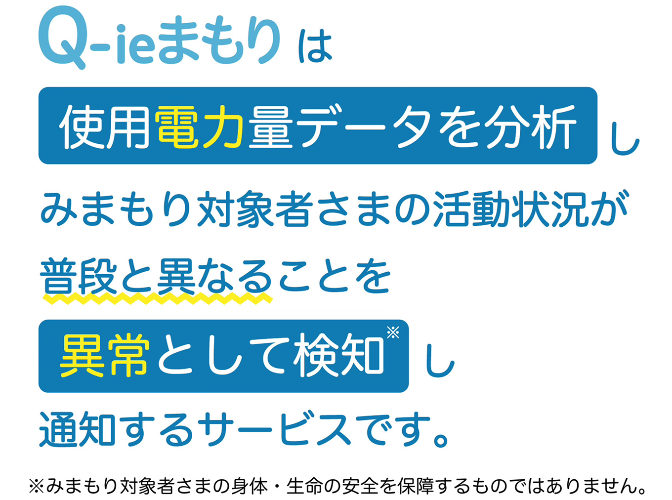 Q-ieまもりは使用電力量データを分析し みまもり対象者さまの活動状況が普段と異なることを異常として検知※し通知するサービスです。※みまもり対象者さまの身体・生命の安全を保障するものではありません。